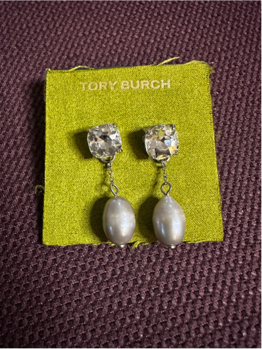 Tory Burch Silver Crystal and Pearl Drop Earrings
